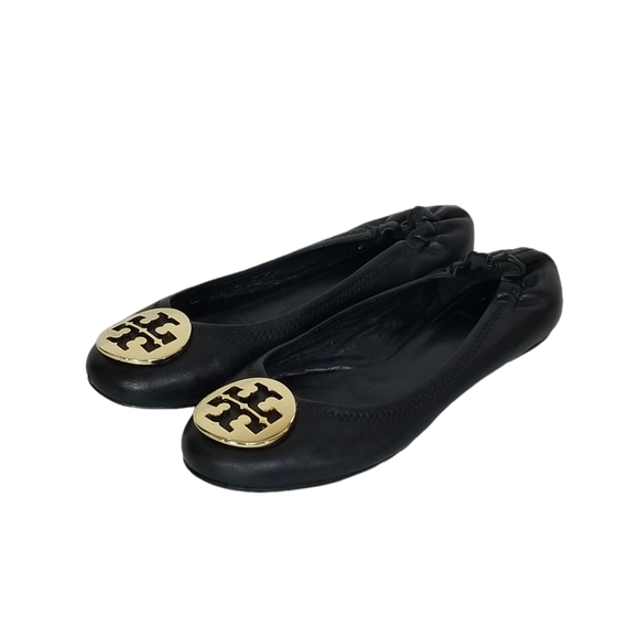 Tory Burch Reva Black Leather Ballet Ballerina Flats Gold Hardware Size 7.5 M - Picture 7 of 10